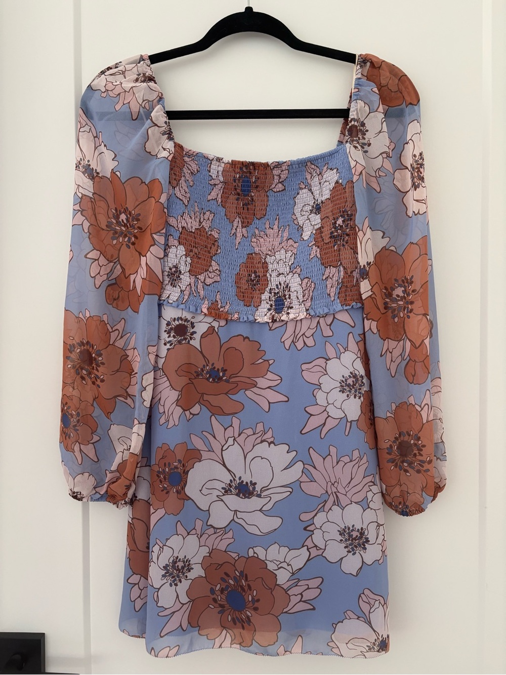Wilfred Periwinkle Floral Mini Dress with Rust Blooms